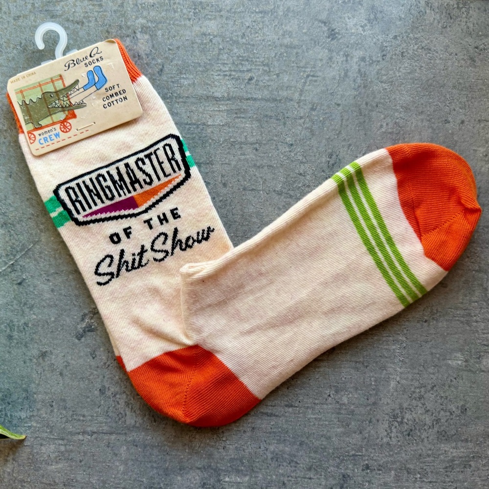 Blue Q Funky “Ringmaster of the &*#% show” Orange Green Crew Socks NWT sz5-10